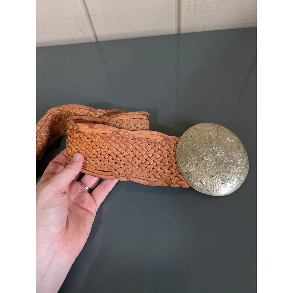 Vintage Western Braided Leather Belt Tan Wide Woven Silver Medallion Concho